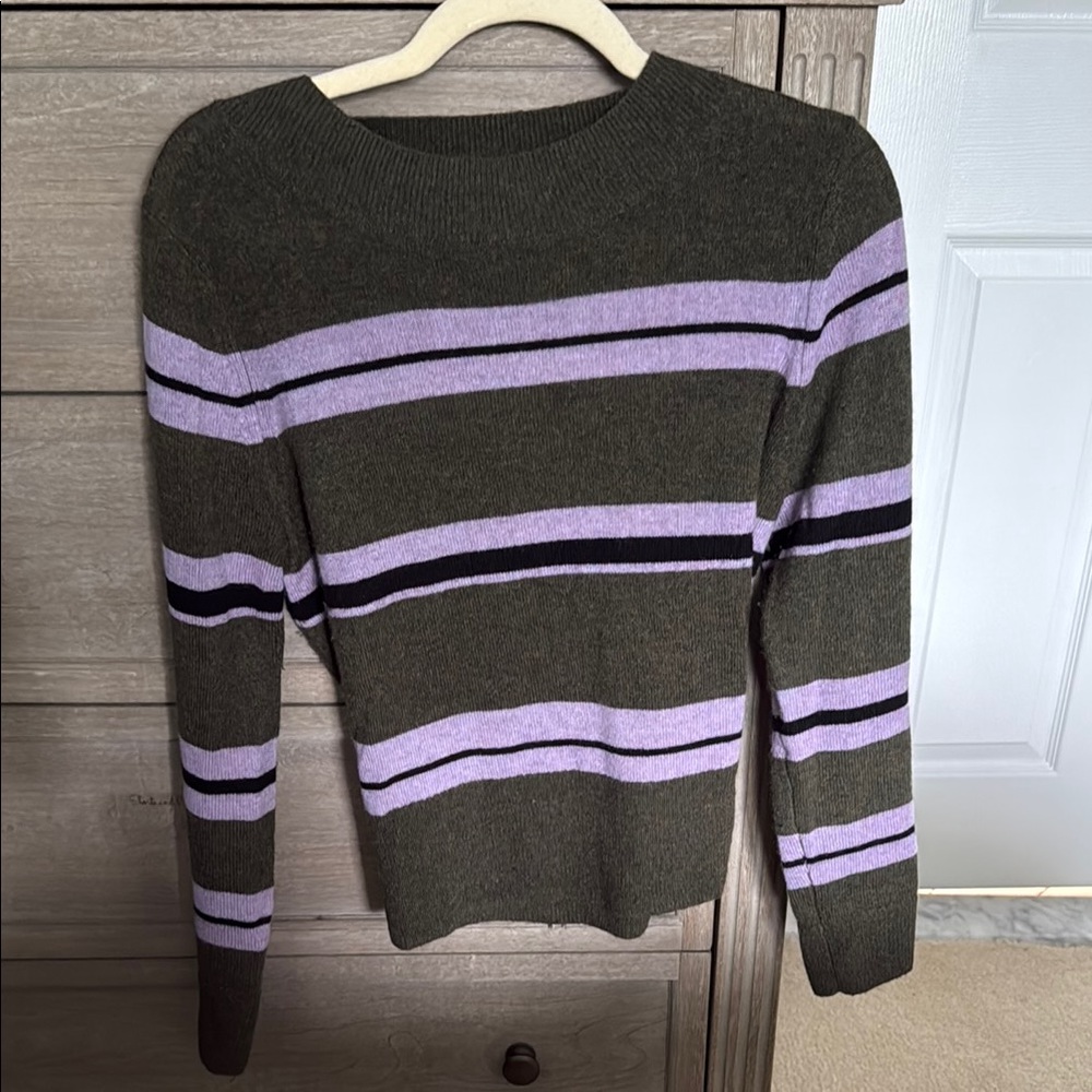 Striped Olive and Lavender Crew Neck Sweater
